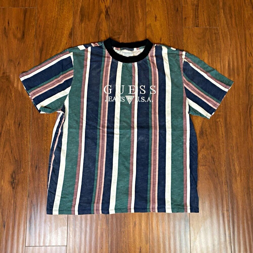 Vintage GUESS Jeans Men’s Striped Logo Crew Neck Short Sleeve T-Shirt Size L - Picture 1 of 4